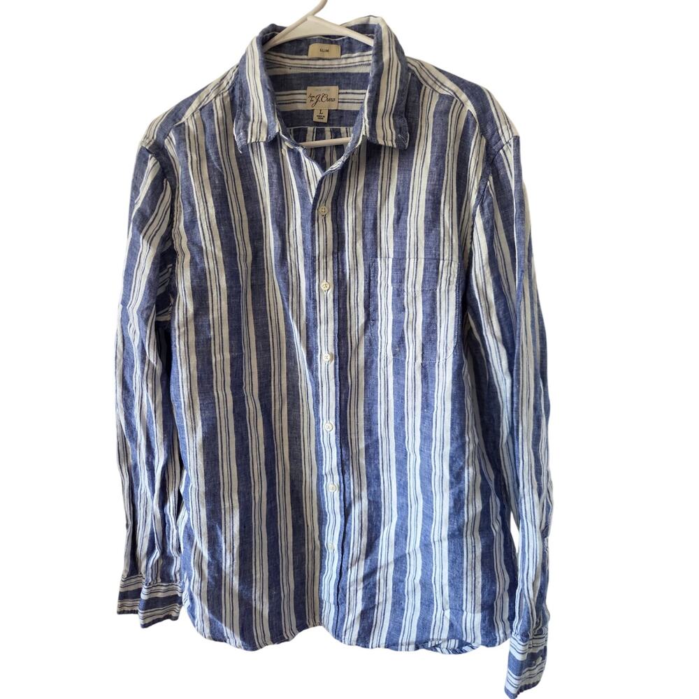 Irish Linen Sewn for J. Crew Button Up Large Stripped Slim Blue White